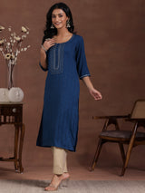 Women's Blue Woven Design Viscose Rayon Kurta with Pocket