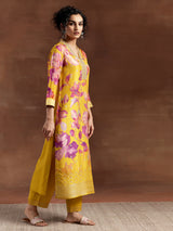 Women's Yellow Floral Printed Kurta with Solid Brocade Trouser and Printed Dupatta