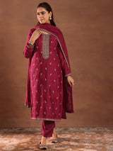 Women's Pink Floral Embroidered Straight Kurta with Solid Trouser and Embellished Dupatta