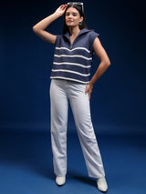 Women's Blue Casual Striped Sleeveless Sweater