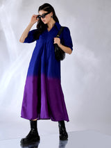 Women's Blue Casual Front Pleated Cotton Midi A-Line Dress