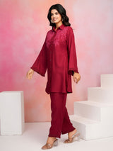 Women's Red Embroidered Viscose Rayon Co-ord Set