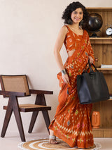 Women's Cotton Orange Printed Ready to Wear with Blouse Piece