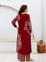 Women's Maroon Foil-Printed A-Line in German Rayon Kurta Set