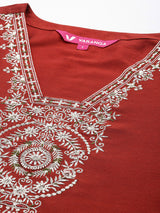 Women's Rust Thread And Sequins Embroidred Kurta With Bottom And Dupatta