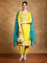 Women's Yellow Festive Kurta Set With Dupatta
