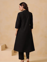 Women's Black Embroidered Cotton Kurta Pant Set