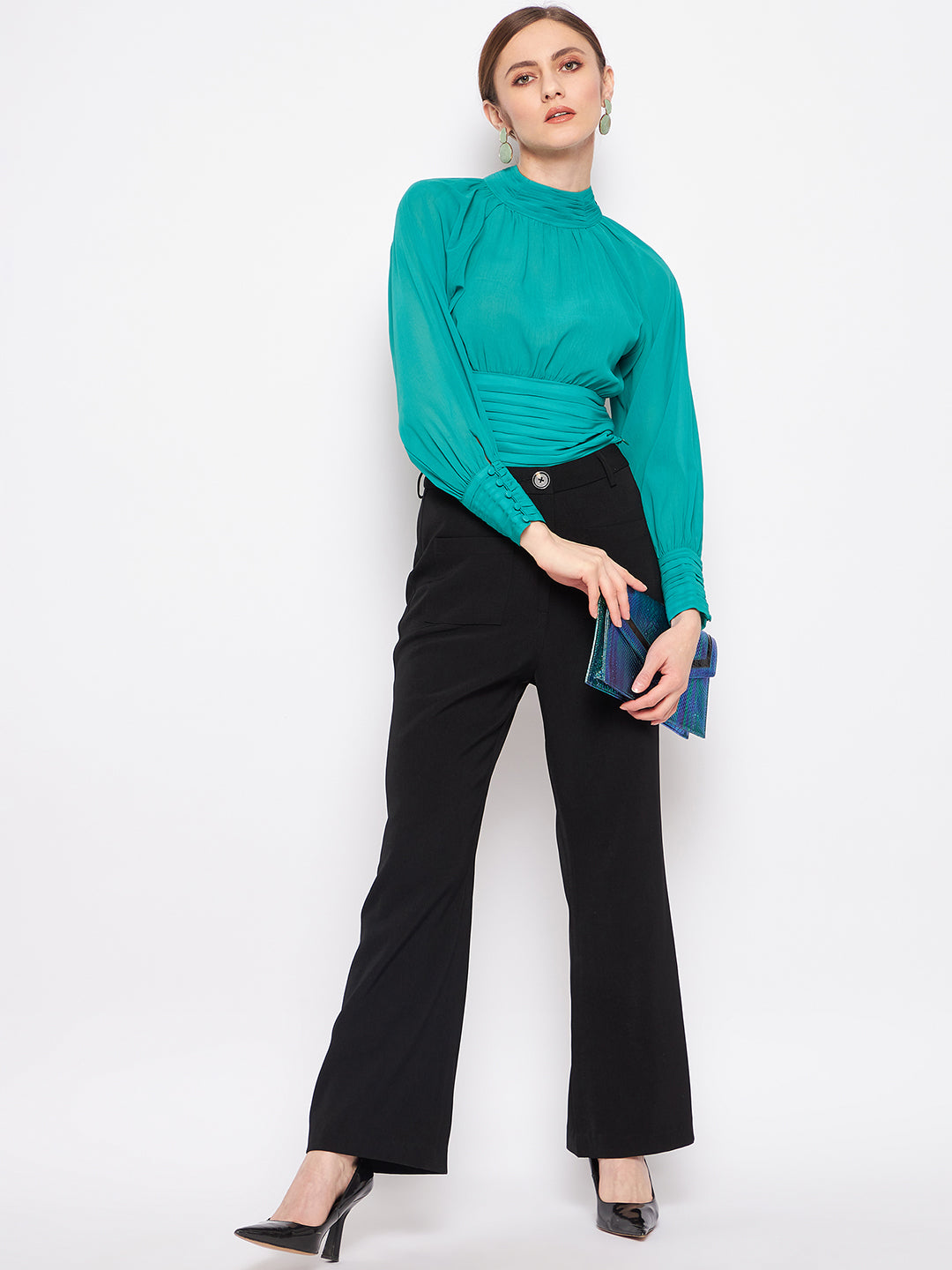 Women's Green Casual Full Sleeve High-Neck Pleated Balloon Top