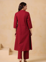 Women's Maroon Embroidered Cotton Kurta Pant Set
