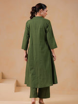 Women's Emerald Base Flamingo Embroidered Cotton Kurta Set