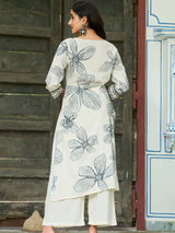 Women's Off White Monochrome Leaf Motif Embroidered Rayon Kurta Set