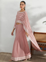 Women's Pink Ethnic Motif Embroidered Georgette Top with One Side Extended Sleeve and Solid Wide Leg Palazzo