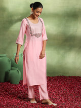 Women's Pink Silk Blend Yoke Design Straight Kurta and Trouser with Silk Blend Printed Dupatta