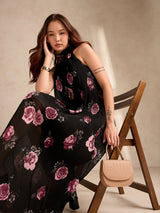 Women's Black Halter Neck Floral Printed Dress