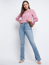 Women's Pink Casual Regular Fit Solid Full Sleeves Top