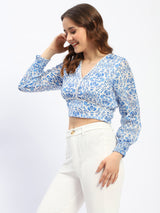 Women's Blue Casual Full Sleeve Abstract Print Lace Detailed V-Neck Cotton Top