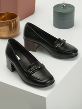 Women's Black Block Heel Loafers with Chain Detail