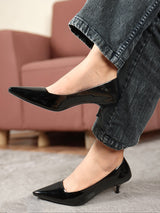 Women's Black Solid Pointed Toe Kitten Heel Pumps