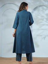 Women's Peacock Blue Animal Motif Cord Work  in Cotton Cambric Kurta Set