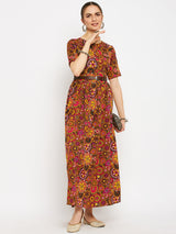 Women's Pink Casual Printed Maxi Dress with Belt