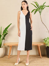 Women's Black Stretchable Ribbed Dual Tone Bodycon Dress