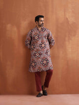 Men's Red Festive Printed Regular Fit Full Sleeves Kurta
