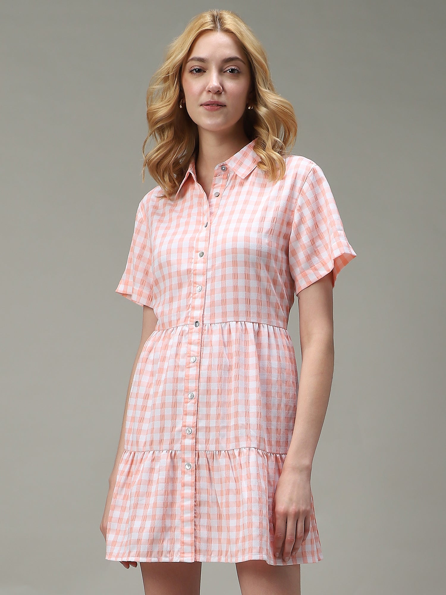 Women's Pink Casual A-Line Checked Dress
