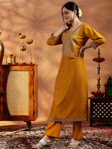 Women's Yellow Zari Embroidered Paisley Kurta with Solid Trouser and Poly Chiffon Self Design Dupatta