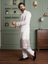 Men's White Full Sleeves Straight Embroidered Kurta