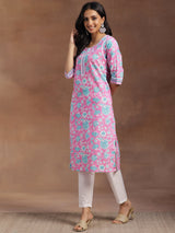 Women's Pink Floral Printed Straight Cotton Kurta