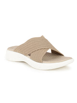 Women's Beige Criss-Cross Fly Knit Comfort Slides