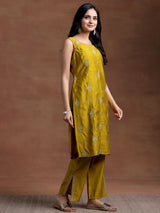 Women's Yellow Floral Embroidered Kurta with Lining and Solid Trouser with Self Design Dupatta
