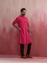 Men's Pink Festive Solid Regular Fit Full Sleeves Kurta