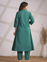 Women's Green Animal Motif Cord Work in Cotton Cambric Kurta Set