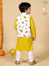 Boys Multicolor Cotton Festive Kurta Pyjama With Block Print Jacket Set