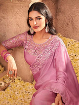 Women's Georgette Pink Embellished Designer Saree with Blouse Piece