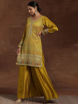 Women's Mustard Ethnic Motif Zari Embellished Short Kurta With Palazzos and Dupatta
