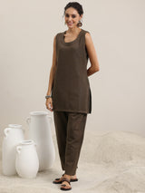 Women's Green Solid Straight Short Kurta With Palazzo and Woven Design Jacket