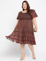 Women's Black and Orange Smocked Chiffon Midi Dress