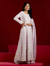 Women's Lavender Pure Silk Embroidered a-line Kurta and Palazzo With Dupatta