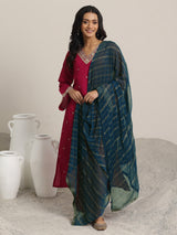 Women's Red Floral Self Design Straight Kurta with Solid Salwar and Self Design Chiffon Dupatta