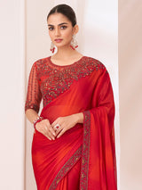 Women's Pure Chiffon Red Embellished Designer Saree With Blouse Piece