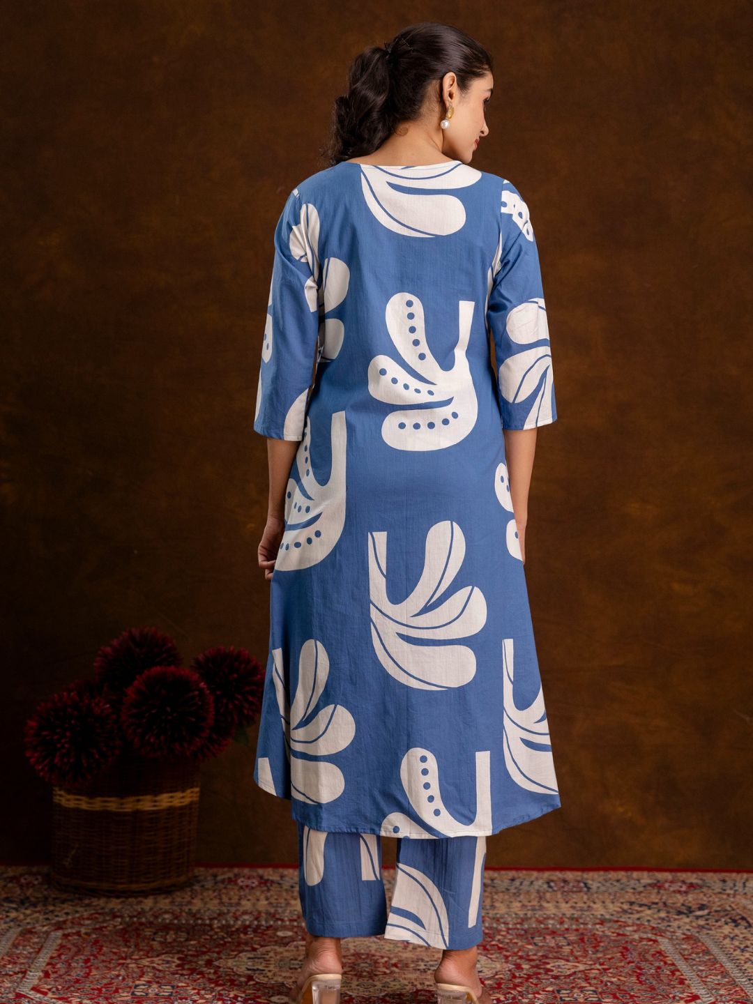 Women's Blue Tropical Leaf A-line Kurta Set