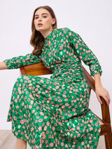 Women's Green Notch Collar Puff Sleeves A-Line Maxi Dress