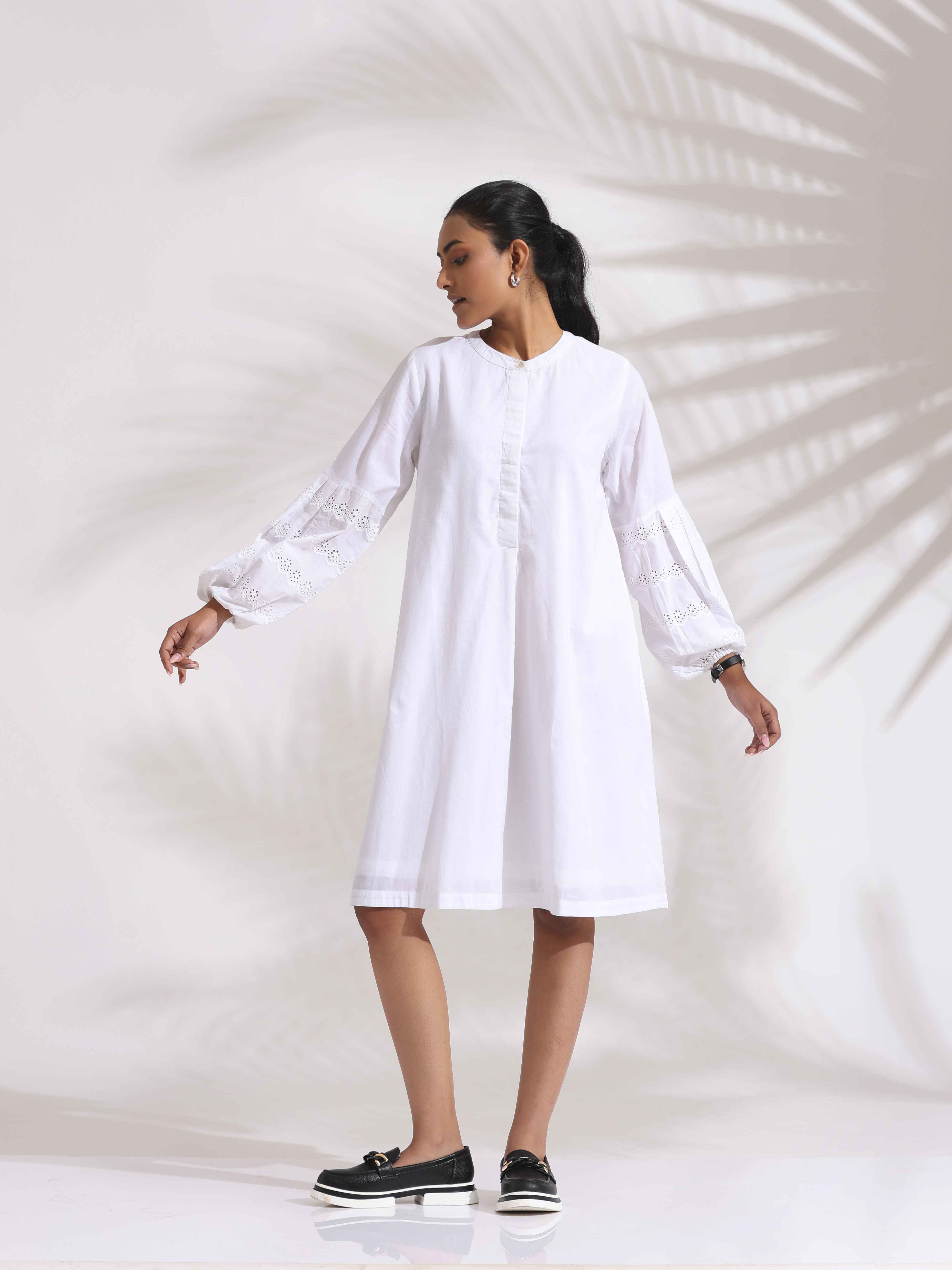 Women's White Cotton Schiffli Short Dress