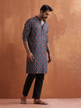 Men's Black Festive Printed Regular Fit Full Sleeves Kurta