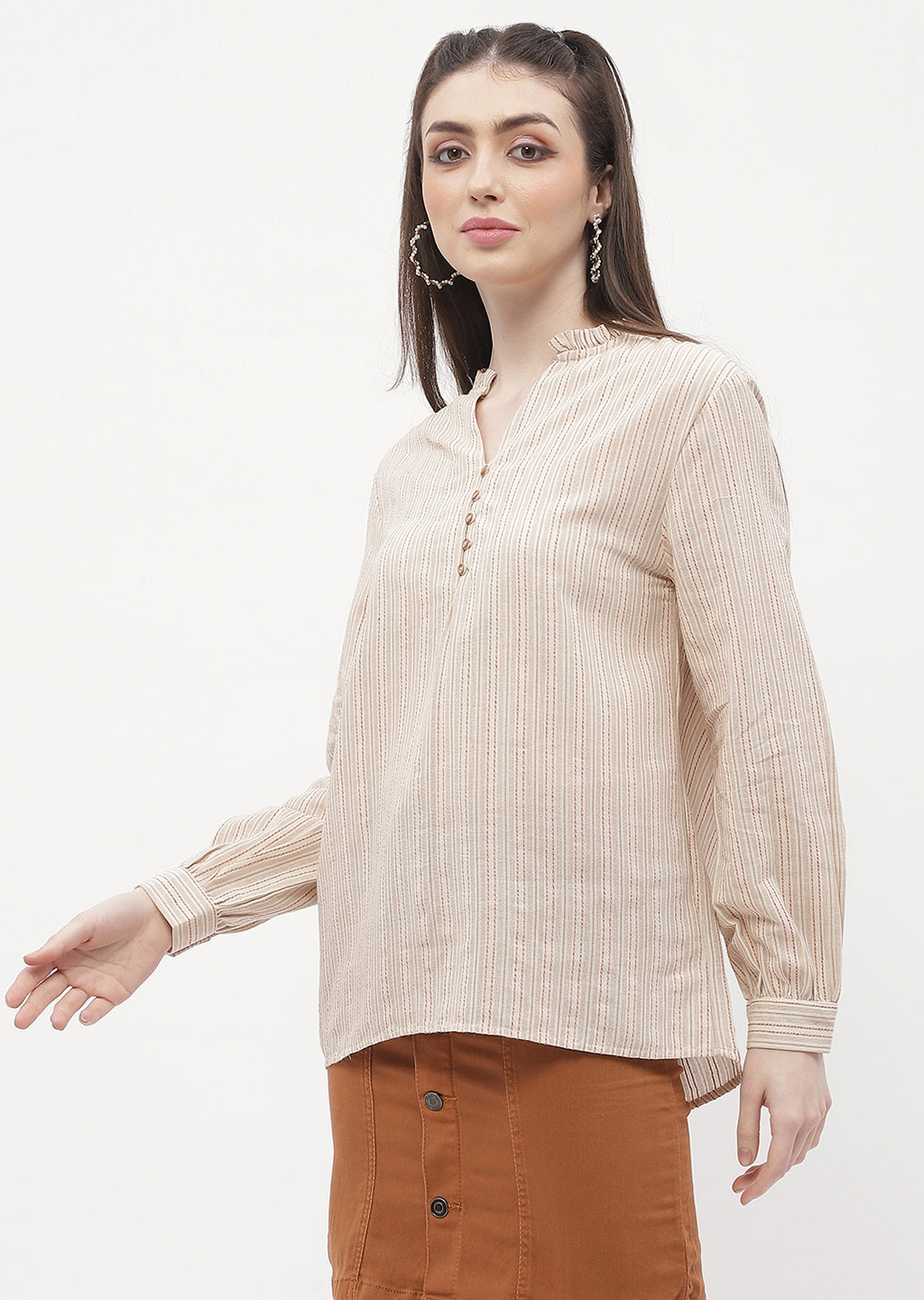 Women's Beige Casual Full Sleeve Ruffle Mandarin Collar Striped Top