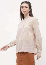 Women's Beige Casual Full Sleeve Ruffle Mandarin Collar Striped Top