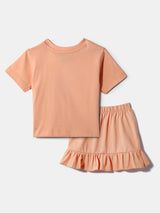 Girls Orange Cotton Bow Embroidered Top and Skirt Set