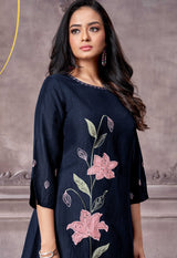 Women's Navy Work Regular Fit Embroidered Three Quarter Sleeves Co-Ord Sets